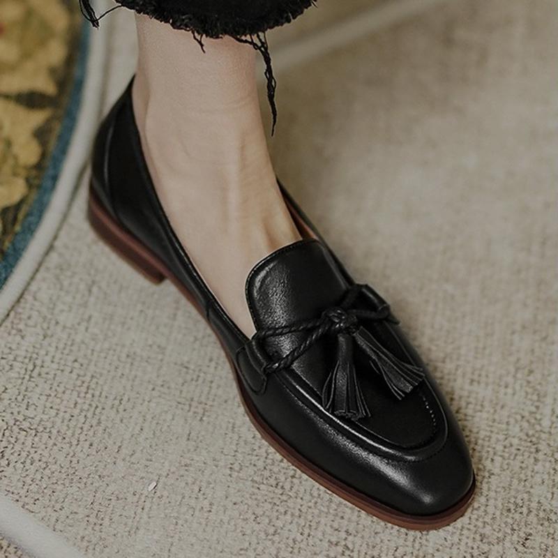 Fashion Retro Tassel Bow-knot Small Leather Shoes Women 2025 Loafers Square Toe Low Heels Oxfords Woman Ins Genuine Leather Fringe Flats
