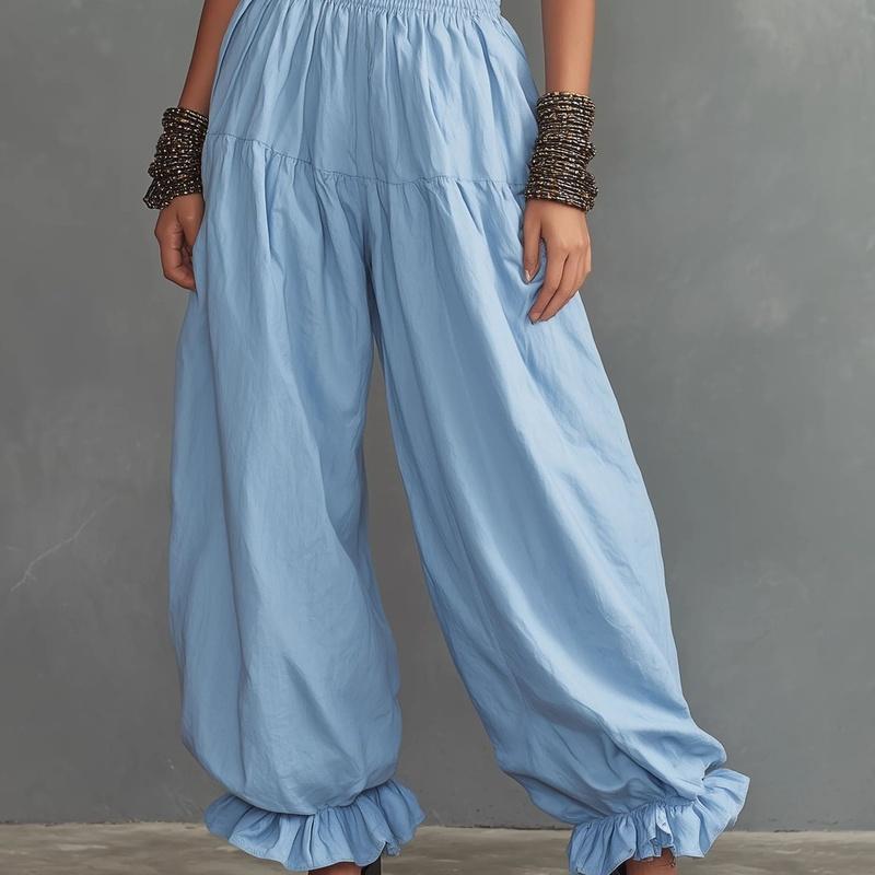 Women's Smocked Waist Harem Pants Loose Balloon Trousers Ruffle Ankle Casual Summer Pants