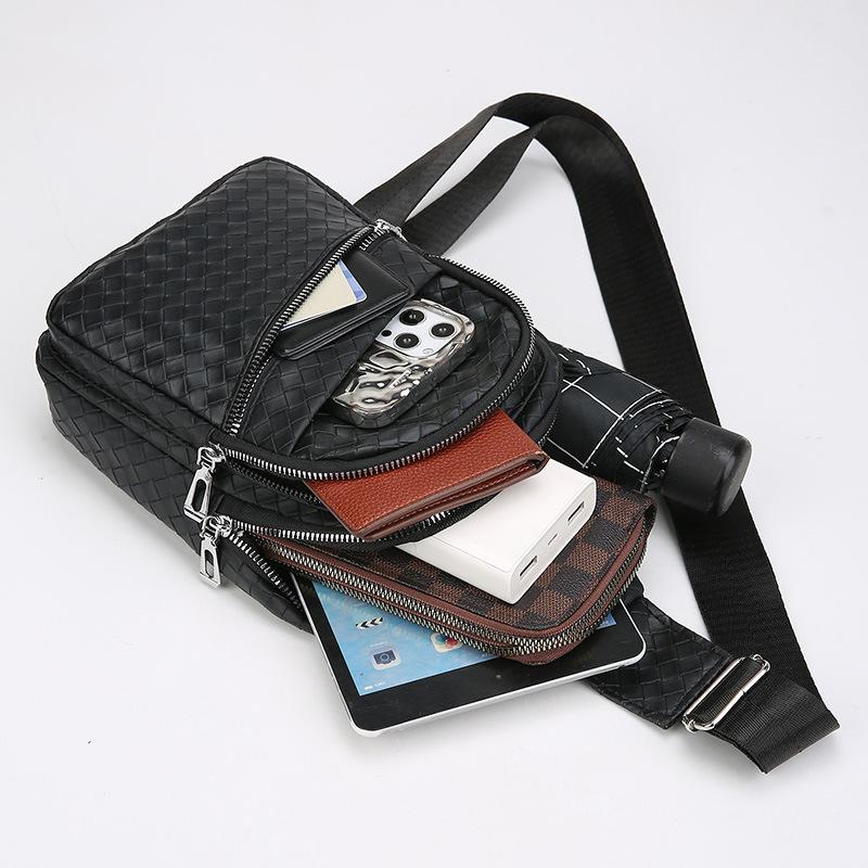 Men's Chest Bag New Woven Pattern PU Leather Chest Bag Men's Outdoor Leisure Sports Chest Crossbody Bag