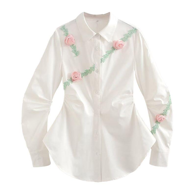 

Blooming Rose French Girlish Style Stylish Three-Dimensional Rose White Ruched Waist Trimming Shirt Mid Length Long Length Tops Three-dimensional roses L