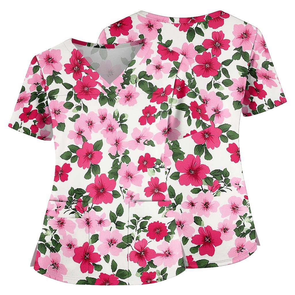 Medizinisches Kasack-Oberteil mit Blumendruck, V-Ausschnitt, Taschen und Seitenschlitzen, Kurzarm, Krankenschwester-Uniformhemd für Damen