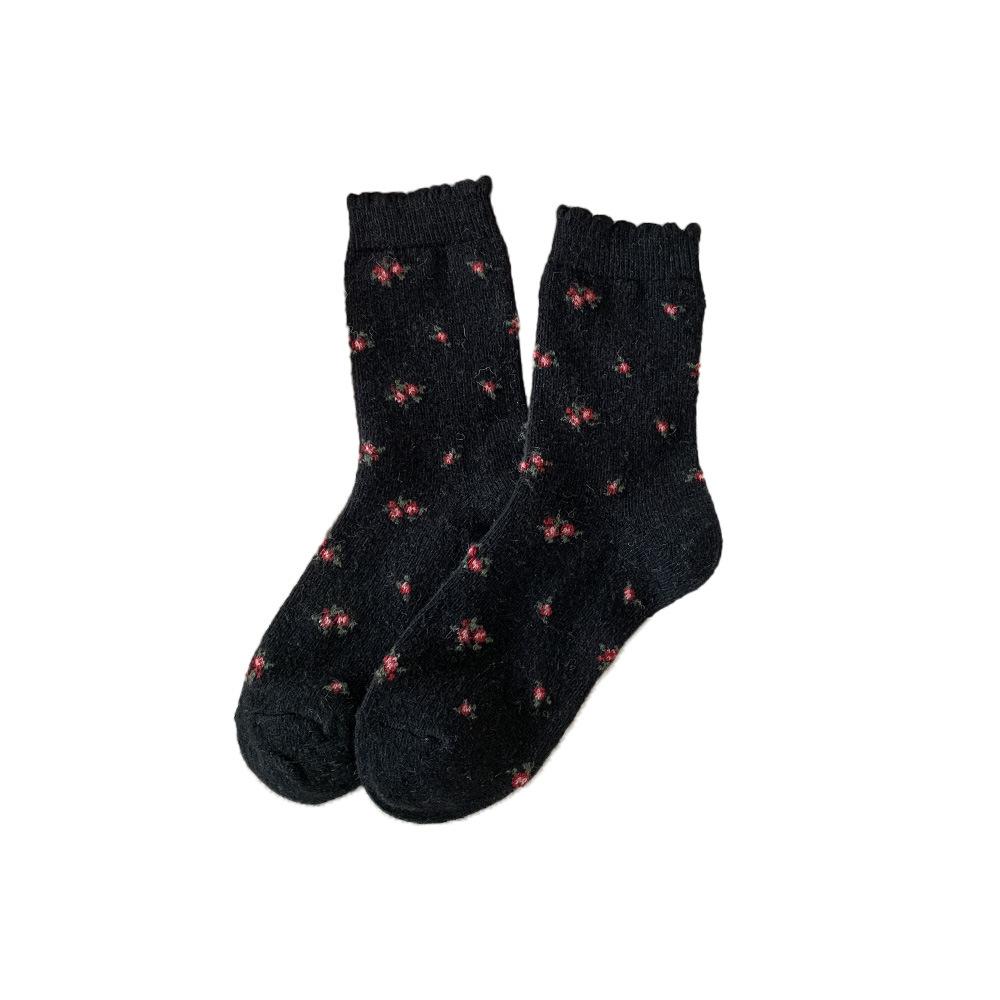 Retro Floral Wool Socks, Pile Socks, Thick and Warm Floral Fringed Socks for Autumn and Winter