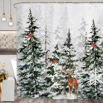 Winter Snowy Forest Shower Curtains Pine Tree Deer Snowflake Xmas Christmas Holiday Rustic Farmhouse Bathroom Decor With Hooks