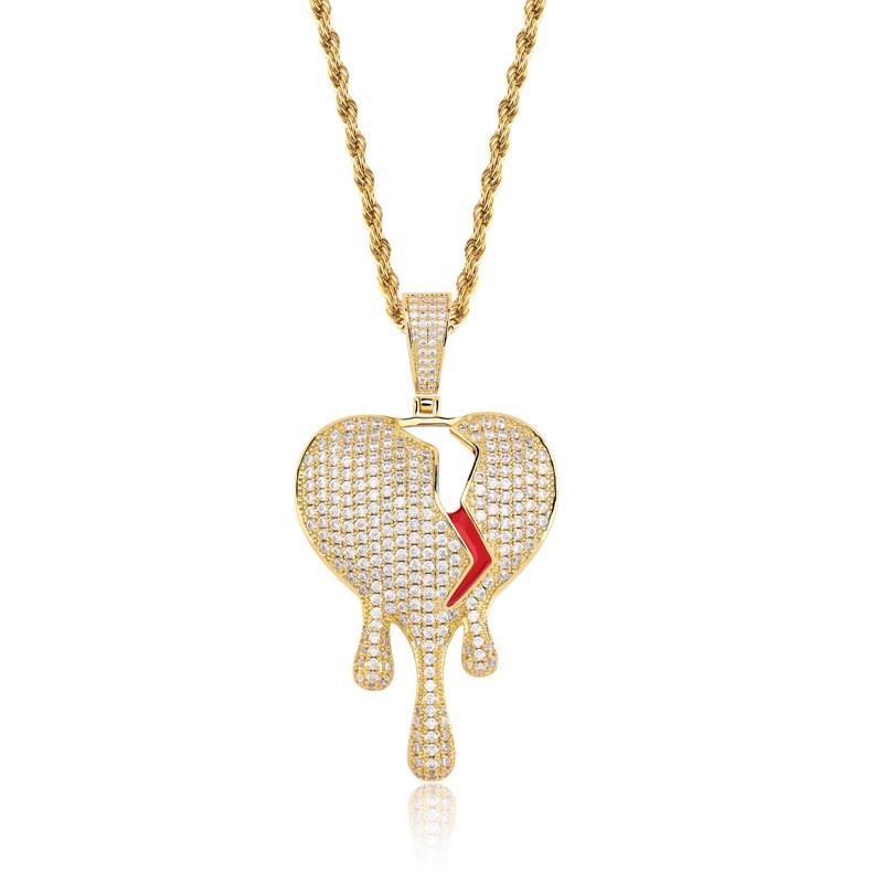 Broken Heart Pendant Necklace Hip Hop Style Full Zircon Water Drop Shape Gold