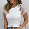 Exquisit Women's Casual Round Neck Top Personalized Beads Splicing Short Sleeve Top T-shirt