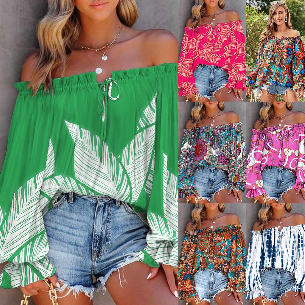 RUGOD Camicia Sexy Nuova a Spalle Scoperte con Maniche Lunghe e Ricami per Primavera Autunno