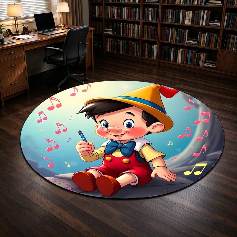 Round Rug Pinocchio Pencil Pink Music Notes Red Overalls Feather Hat Fairy Tale Decor