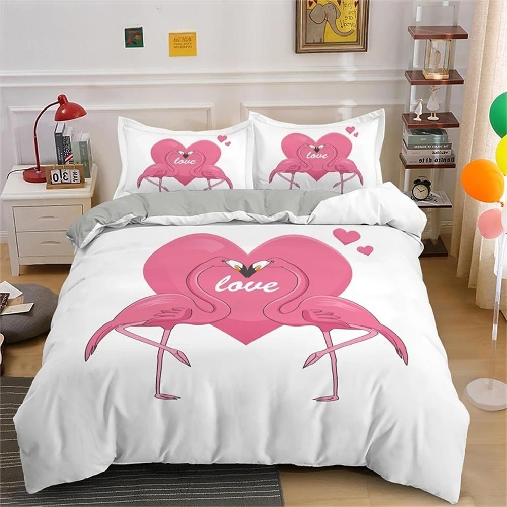 Animal Flamingo King Queen Duvet Cover Cartoon Pink Tropical Bird Bedding Set for Kids Teens Aduls Blue Soft 2/3pcs Quilt Cover