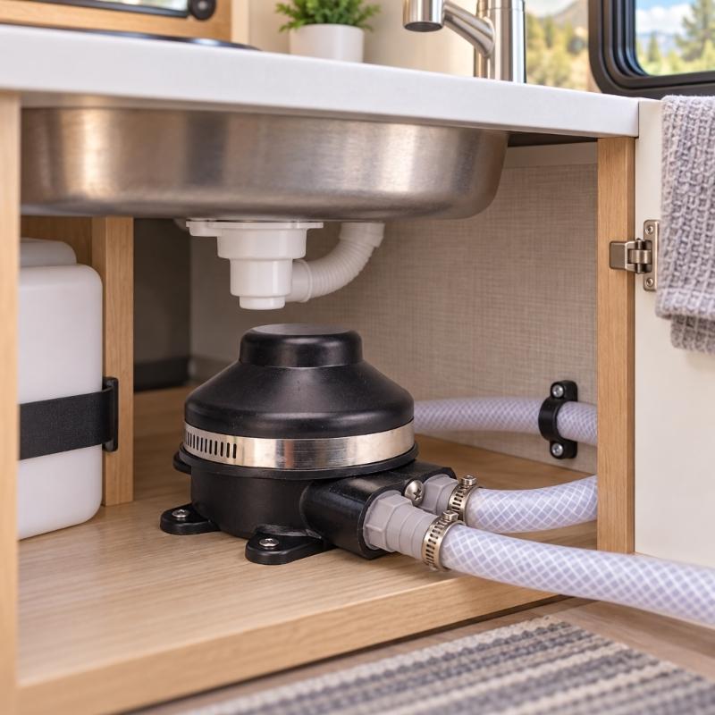 Four Hole Mounting Foot Water Pump with Plastic Body and Metal Retaining Band for Fixed Motorhome Bathroom or Boat Water-System Installation