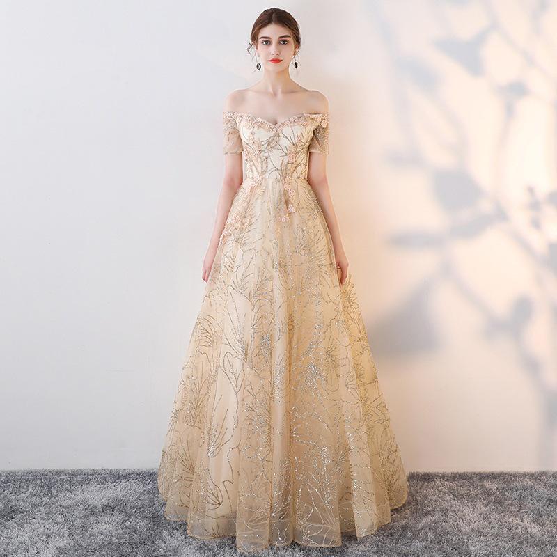Elegant evening dress women's 1011 new summer fashion temperament gold long host banquet annual meeting dress