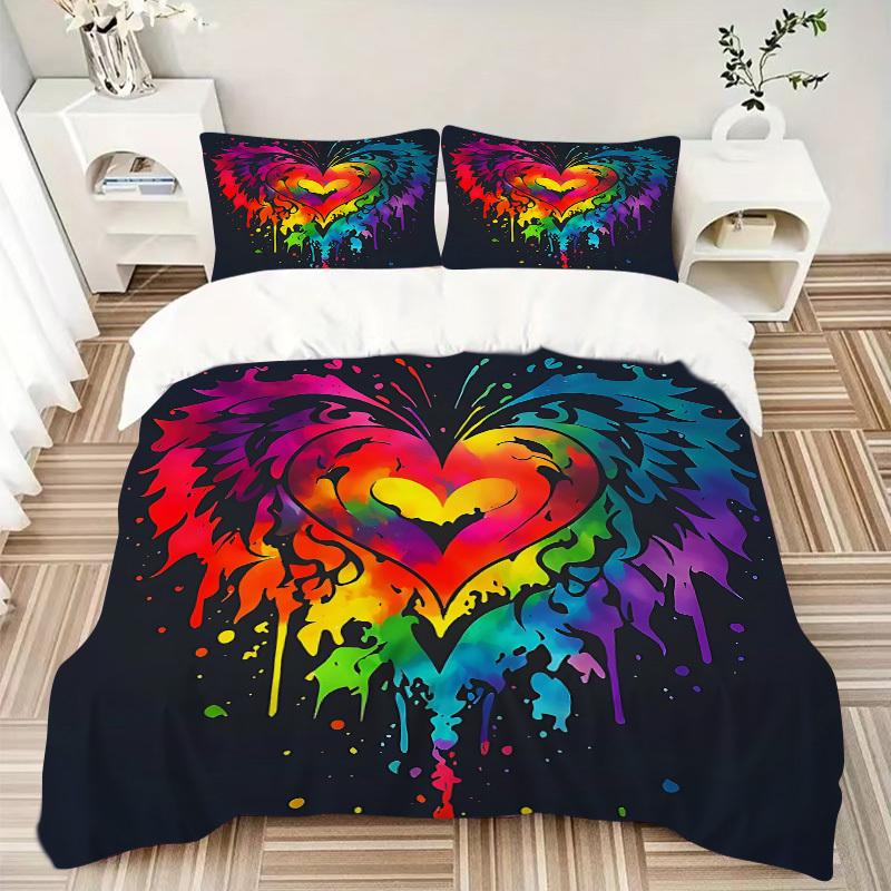 3pcs Heart Rainbow 1Cover + 2Pillowcases, PillowInserts NotIncluded, Machine Washable, All - Season Use, Suitable for Bedroom Guest Room79