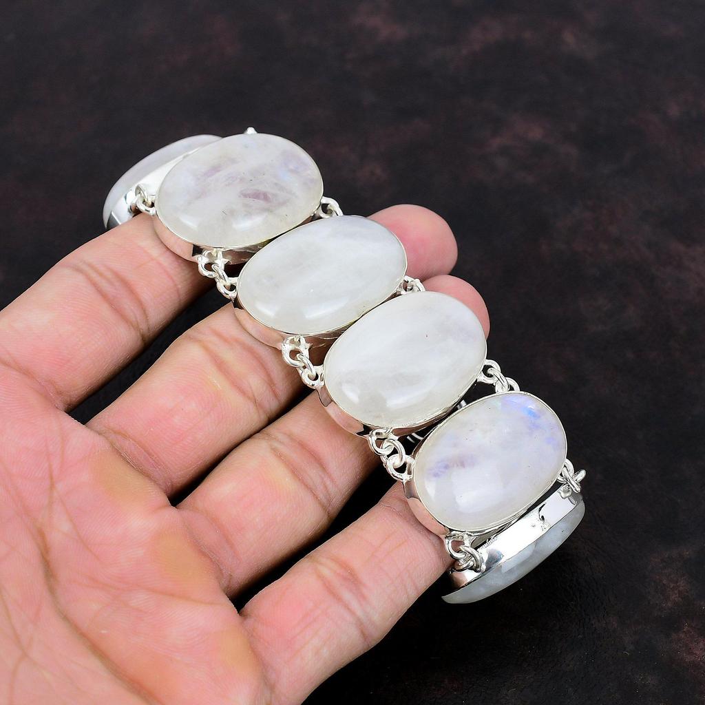 Bransoletka z tęczowego kamienia księżycowego Unikalna biżuteria z kamieni szlachetnych Bransoletka ze srebra próby 925 Regulowana bransoletka z łańcuszkiem Ręcznie robiona biżuteria boho Prezent dla mamy