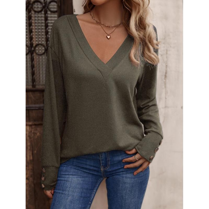 Women's V-Neck Button Down Shirt 2025 Fall Winter Long Sleeve Loose Fit Casual Top Blouse