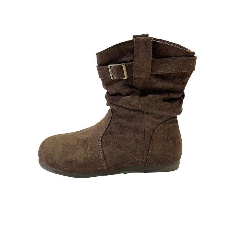 

[Fanfna] Retro versatile thin boots Korean version round head flat bottom short boots women s fashion pleated stacking boots 40 коричневый