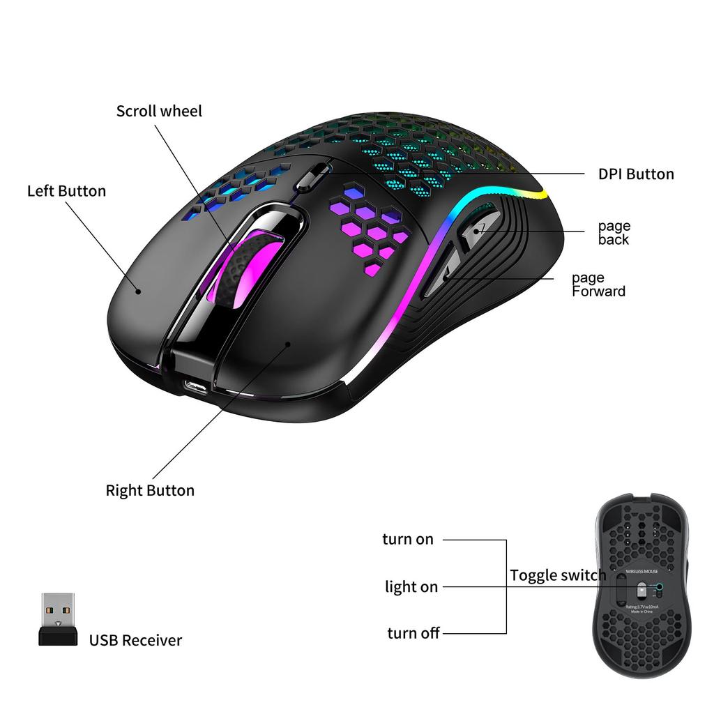 Wireless Gaming Mouse Honeycomb 2.4G USB Cordless Mouse RGB Rechargeable PC Game Mice With LED Lights