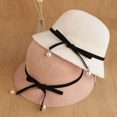 Cartola Laço Pérola Boné Quebra-Sol Verão Dobrável Cúpula Algodão Tricotado Chapéu de Pescador