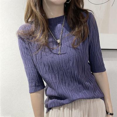 Korean Fashion Folds Solid Color Knitted T-shirt  Casual All-match Short Sleeve Slim Pullovers Tops Summer Women's Clothing