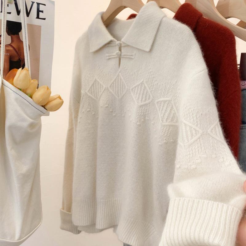 

Женский новый осенне-зимний свитер из чистой шерсти с воротником поло - в китайском стиле, уютный и толстый трикотаж M белый