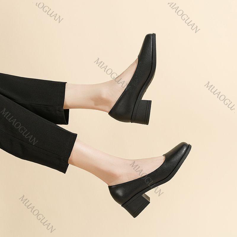 Fashion Black Comfortable Soft Leather Middle Heel Work Shoes Women Soft Bottom Square Toe Pumps Single Shoes Casual Heels for Women