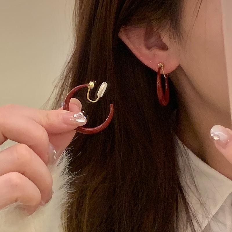 Elegant Retro Hong Kong Style Angora Red Hoop Earrings for Women