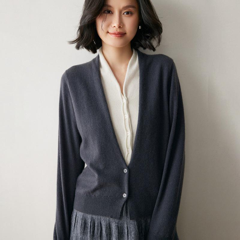 Cashmere Women's V-neck Two-tone Faux Layered Knit Sweater Cardigan for Autumn/Winter 2025