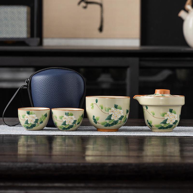 

Печь Хуан Журу, один чайник, три чашки, ручной чайник, экспресс-чашка для гостя, портативный для улицы, высококлассный полноцветный открытый обжиг можно выращивать в подарок