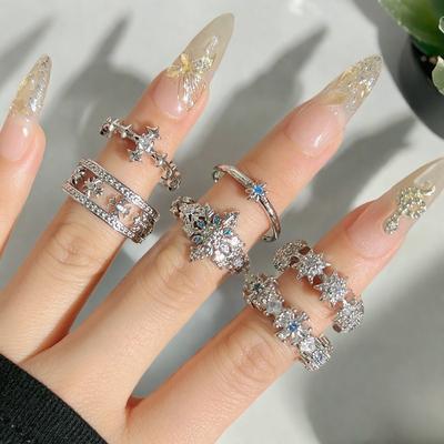 Ny Ljus Lyx Högklassig Helt Diamant Zirkon Stjärnljus Snöflinga Öppningsring Nischad Design Personlig Ring