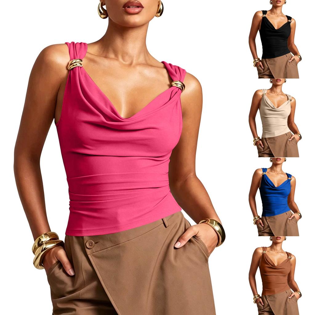 Sleeveless Summer Top with Draped Neckline and Metal Ring Shoulder Detail Slim Fit Stretch Fabric Casual Tank Blouse for Women