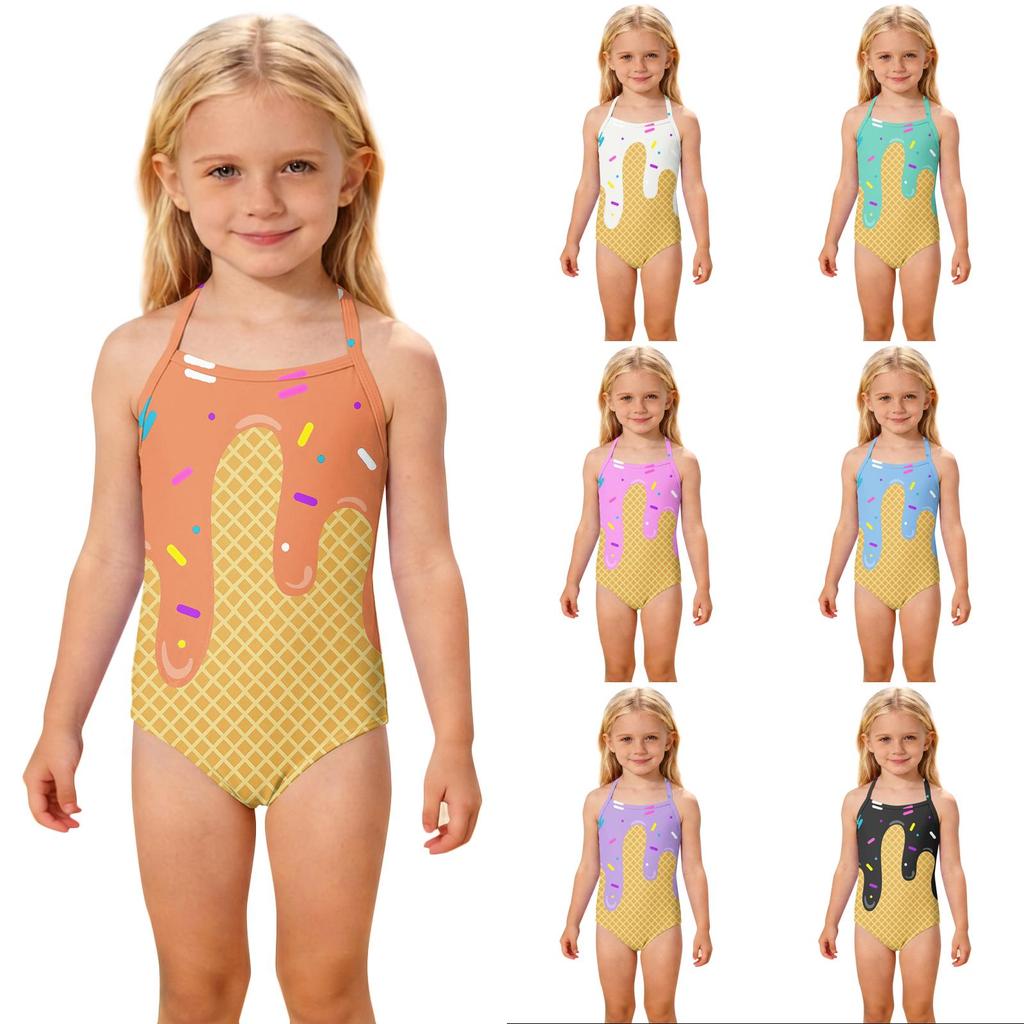 Girls One Piece Swimsuit Kids Summer Swimwear Children Beachwear Toddler Bathing Suit with Ice Cream Cone Print for Outdoor Water Activities