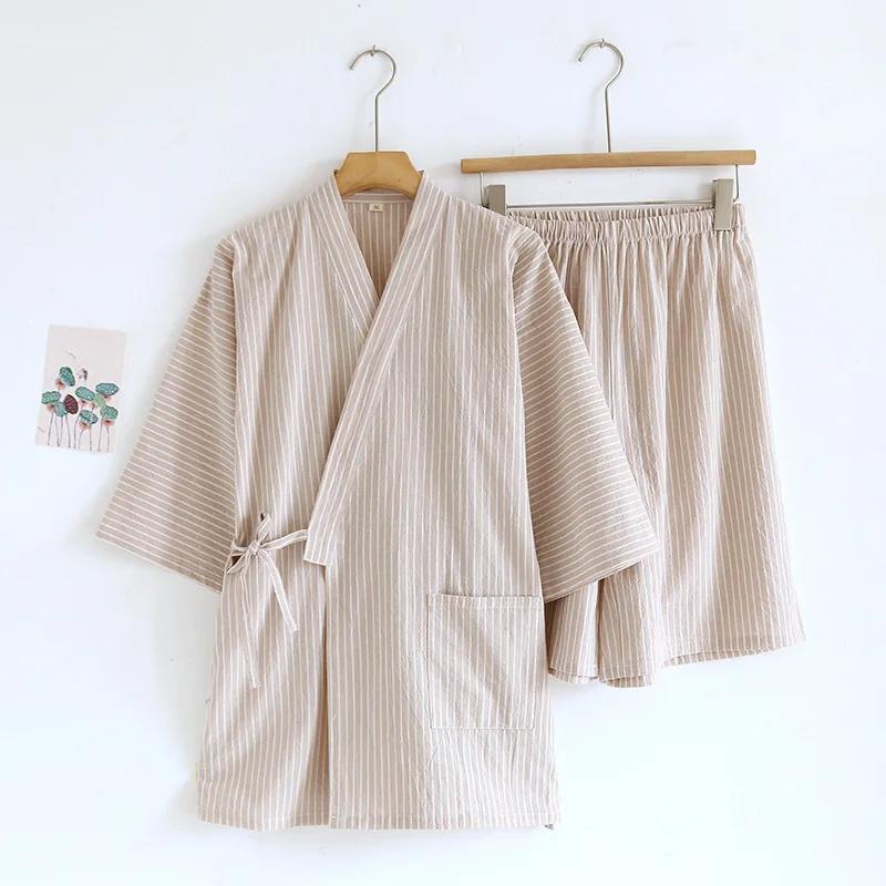 Cotton Thin Striped Pajamas for Men and Women Kimono Short-sleeved Shorts Pijamas Couple Summer V-Neck Home Clothes