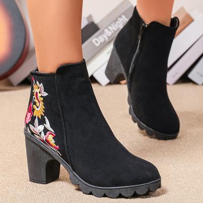 Botines de Tacón Alto Bordados de Moda para Mujer Otoño 2024 Cremallera Lateral Negro Corto Botas Mujer Moda Flor Tacón Grueso