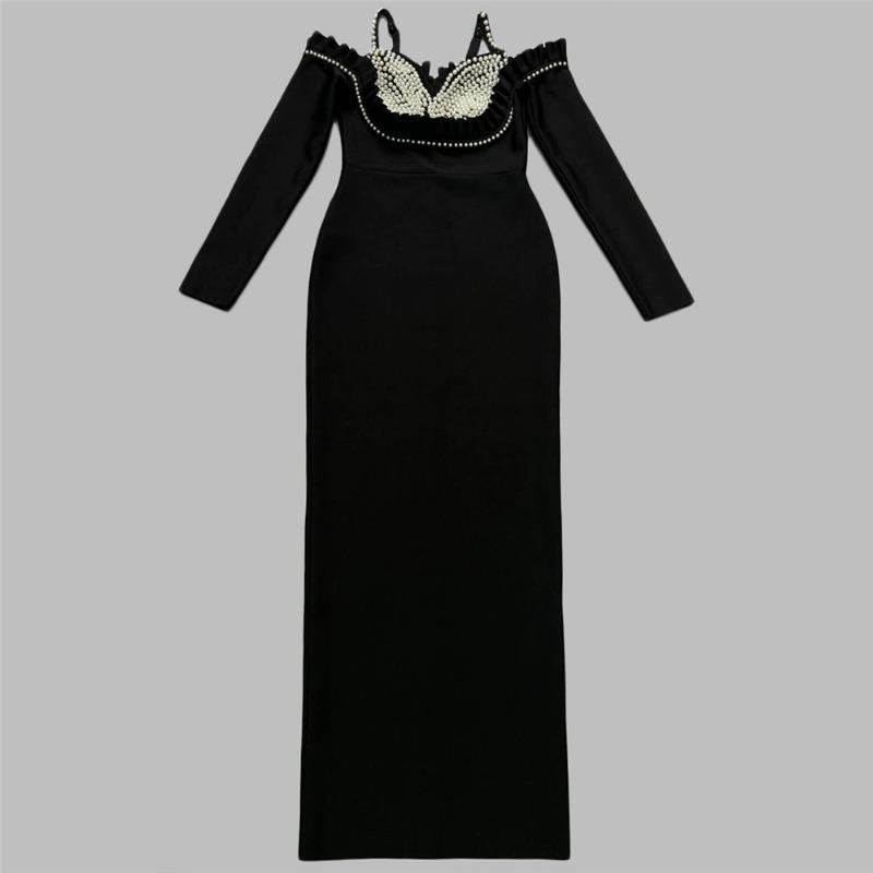 New bandage dress long sleeve v neck off-the-shoulder slip maxi dress slit dress party