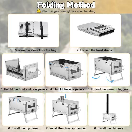 Foldable Camping Stove, Stainless Steel Portable Wood Burning Stove, Tent Stove with Visible Window, Adjustable Vent & Multiple-Section Pipe for