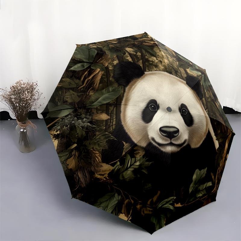 Fantasia panda e erba, ombrello pieghevole automatico, design portatile e pieghevole, 8 stecche, un regalo di Natale o di compleanno.