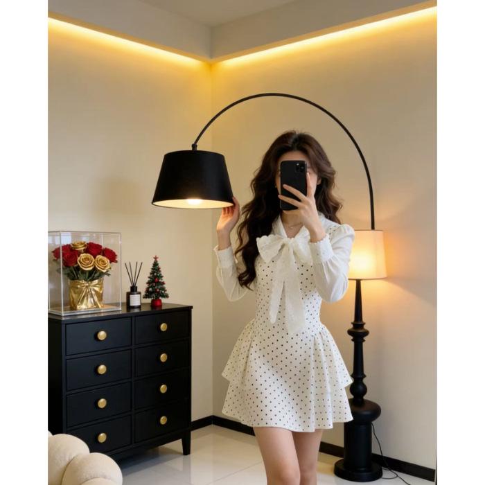 Women s Korean French Retro Polka Dot Patchwork Dress, Spring/Autumn, Waist-Cinched, Long Sleeve, Short Skirt. S