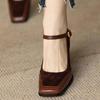 2025 New Fashion French Style Women's Black Square Toe Chunky Heel Thick Sole Buckle Slip-On Pumps Vintage Sandals for Ladies