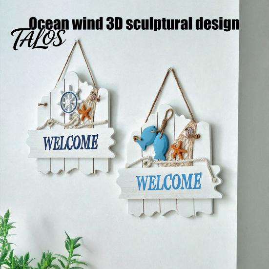Marine Elements Wall Art Mediterranean Style Wooden Welcome Sign, Starfish And Shells Hanging Seaside Inspired Ornament Plaque, Decorative for