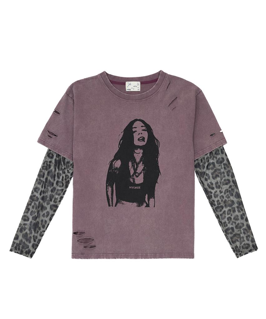NO EXTRA TOUCH Distressed Leopard Mesh Long Sleeve Layered T-Shirt (Purple) / 26Spts001Pu