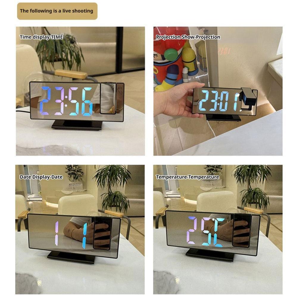 LED Digital Projection Alarm Clock Time Temperature USB Plug-in Digital Alarm Clock Snooze Bedside Desktop Clock Large Display