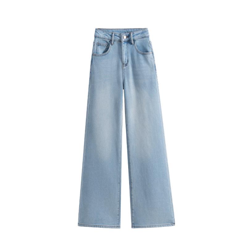 Li Shaonü Women's Fleece-lined Blue High-waisted Wide-leg Jeans - Winter 2026 Collection