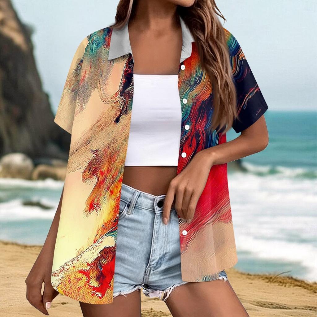 Women Casual Summer Beach Shirt Textured Printed Short Sleeve Button Down Blouse Lightweight Loose Fit Top for Outdoor