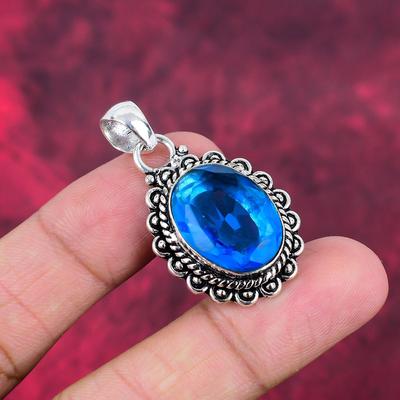 Ciondolo topazio blu, gioielli in argento sterling massiccio 925, ciondolo fatto a mano, per il Ringraziamento