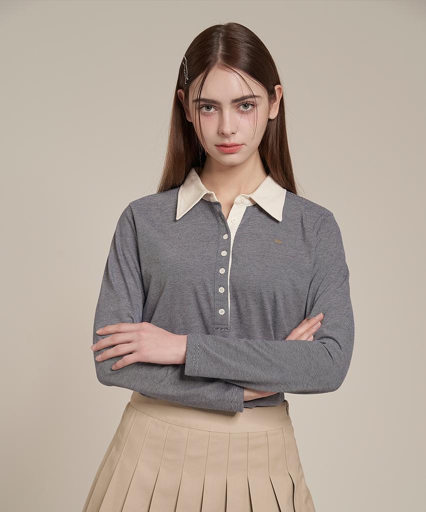 Iteoneolmomeonteu Striped Button Collar T-Shirt _ Navy