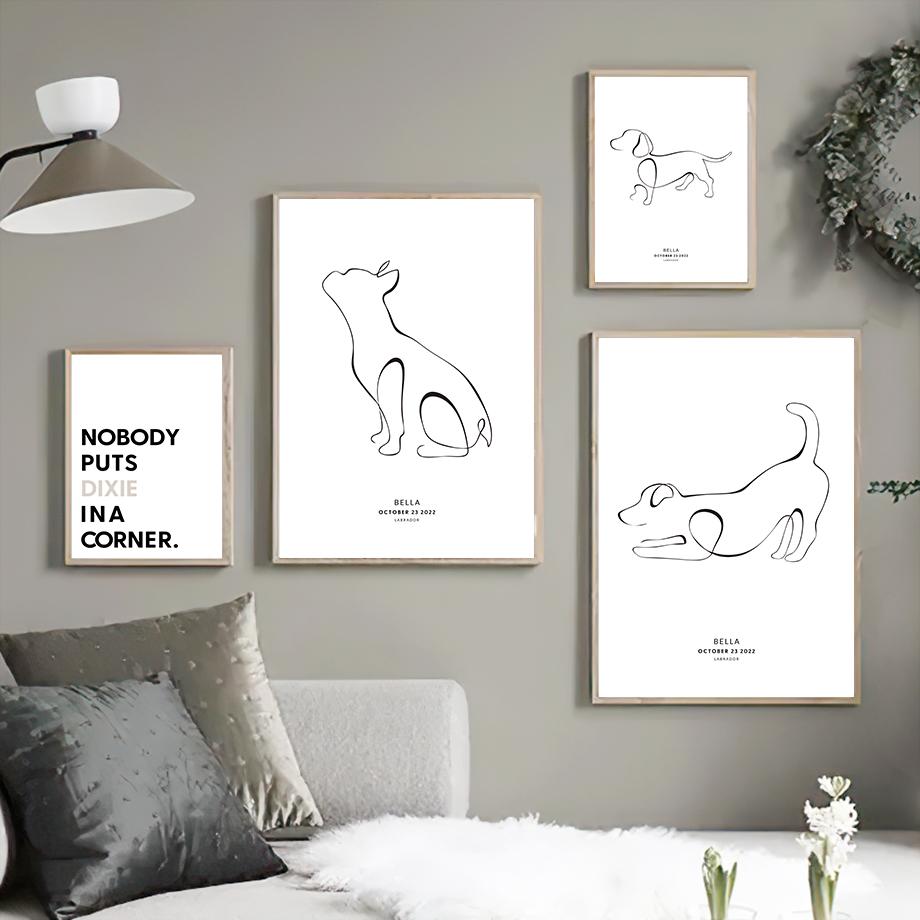 Abstract Line Cute Pet Dog Cat Personalized Name Date Nordic Posters And Prints Wall Art Canvas Painting Home Decor Pictures