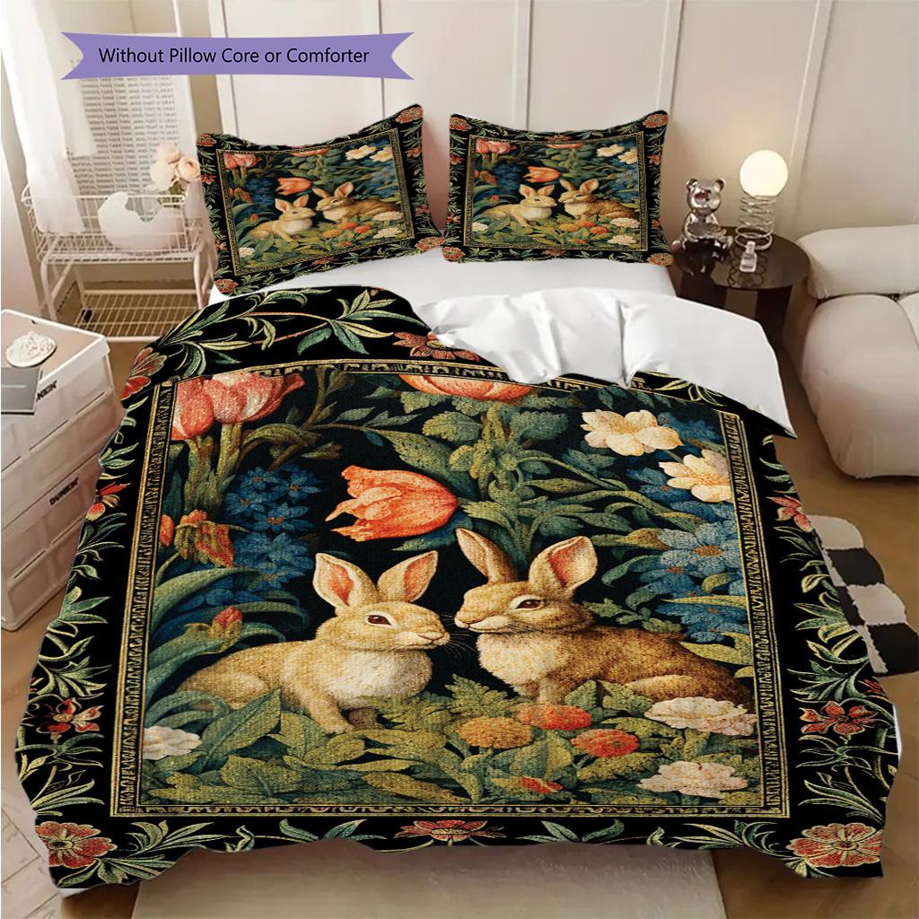 William Morris' Pastoral Flower Rabbit Bettwäsche, Bettbezug, Kissenbezug, Heimdekoration, Geburtstagsgeschenk (1 * Bettbezug+2 * Kissenbezug, ohne Füllung)