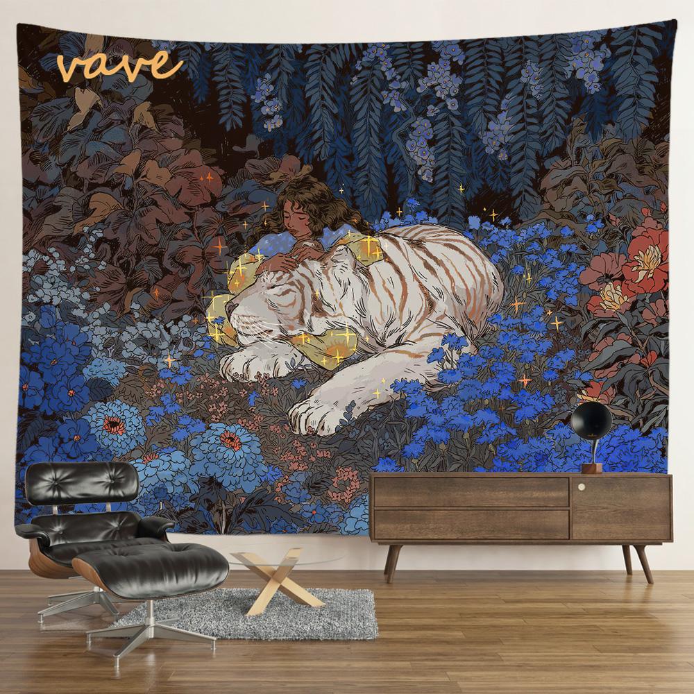 Hippie Psychedelischer Tiger Wandteppich, Wandbehang, Boho Zimmerdeko, Ästhetisch, Mysteriöse Blume, Dschungel Mondlandschaft, Wald