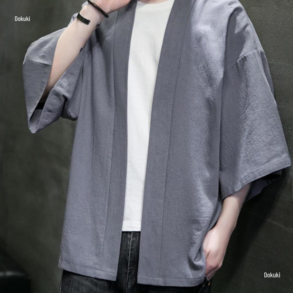Men's Summer Thin Cotton Linen Hanfu Robe - Chinese Style, Short Sleeve, Zen Cloak