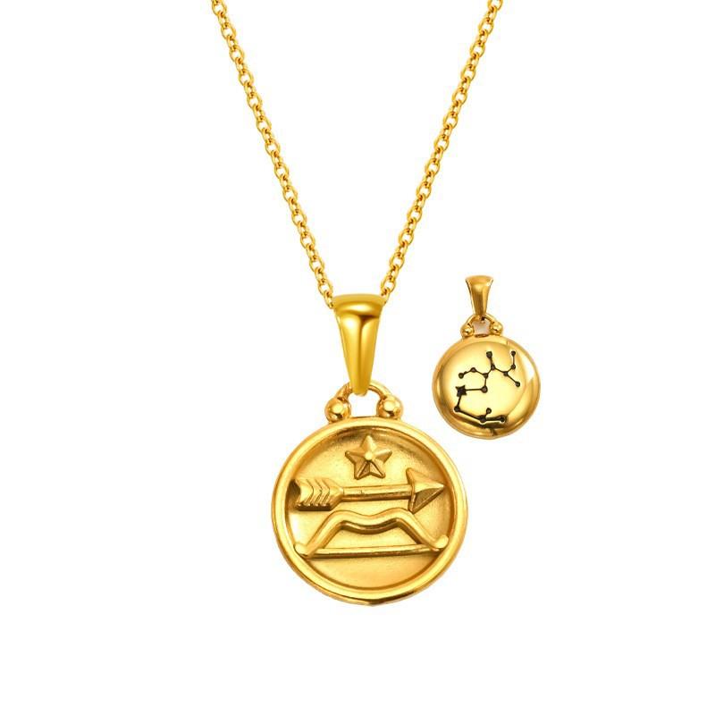 Gold Titanium Steel Round Double-Sided Wearing 12 Constellation Necklace Women'S Light Luxury Collarbone Chain Pendant