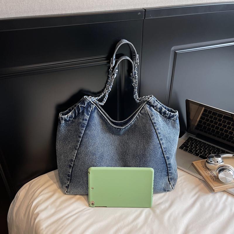 Large Capacity Tote Bag Women's Commuter Denim Shoulder Bag Chains Bag