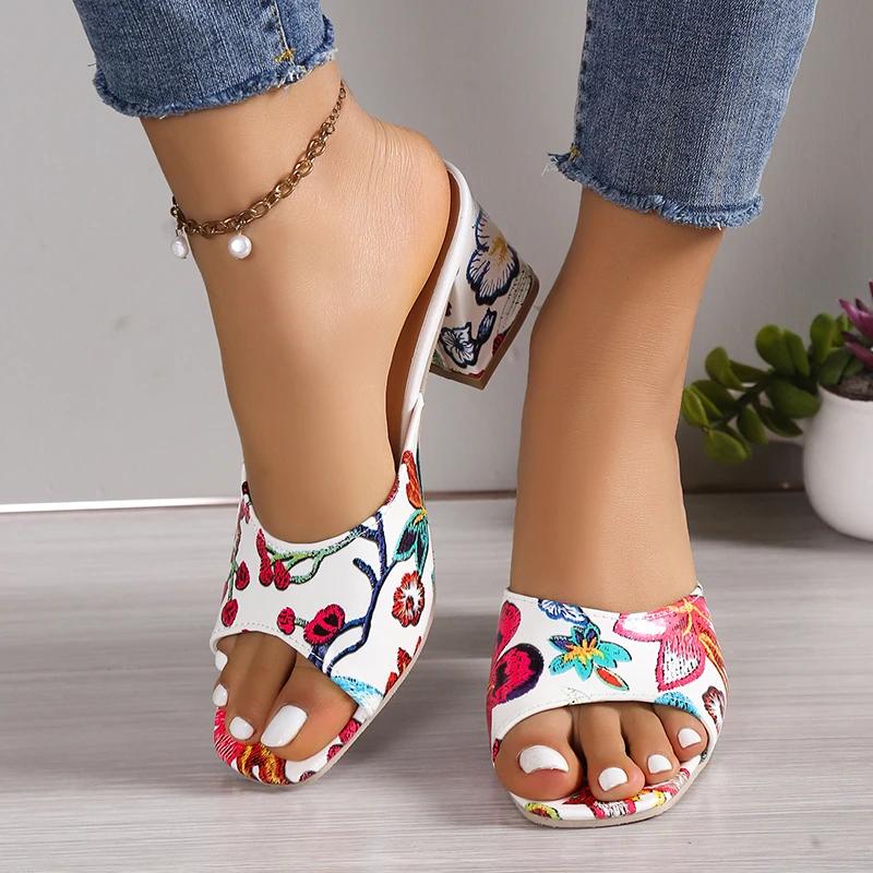 Fashion Womens Sandals Printed Summer 2025 New Thick-heeled Popular High-heeled Sexy All-match Half-slippers Open Toe Casual Basic Shoes